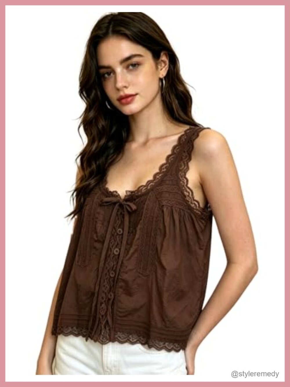Women's Boho 100% Cotton Lace Trim Tie Front Button Down Crop Tank Top